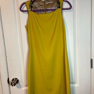 Mustard greenish dress with animal print trim on collar